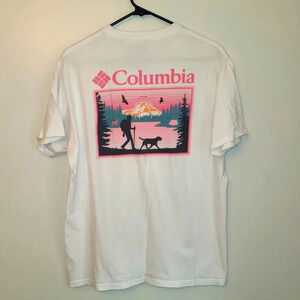 *4/$20 TEE*COLUMBIA men's Large short sleeve hiking by lake sunset w/dog LOT E18